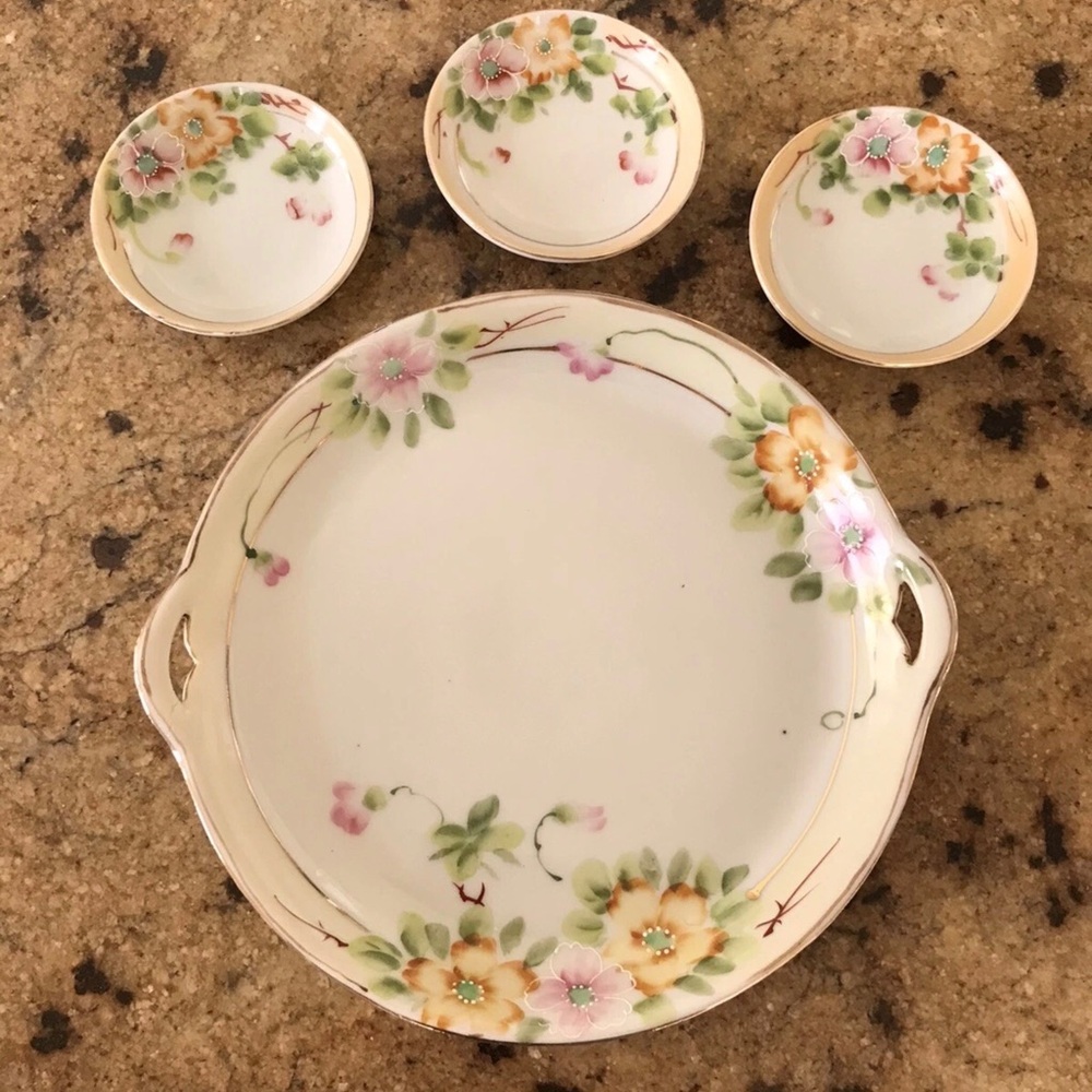 Vintage Japan Floral Handled Serving Plate & Matching Dipping Bowls